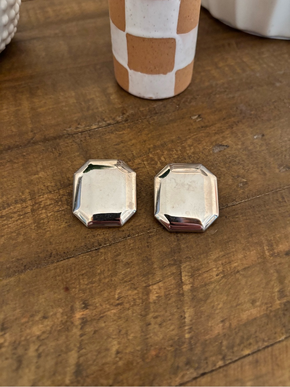 Octagonal Silver-Tone Clip Earrings